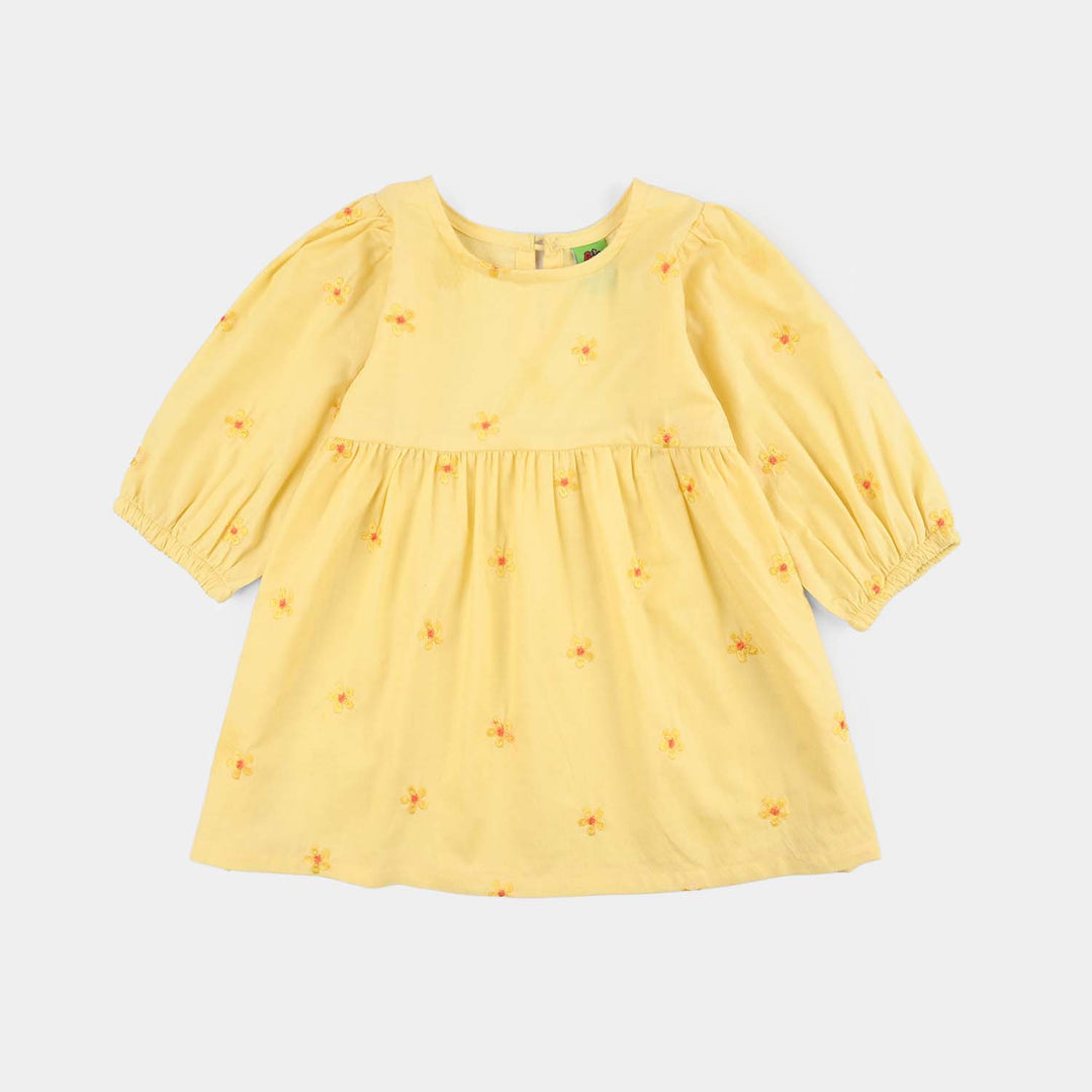 Infant Girls Jacquard Embroidered Frock - Yellow