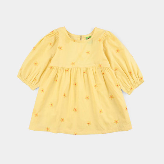 Infant Girls Jacquard Embroidered Frock - Yellow