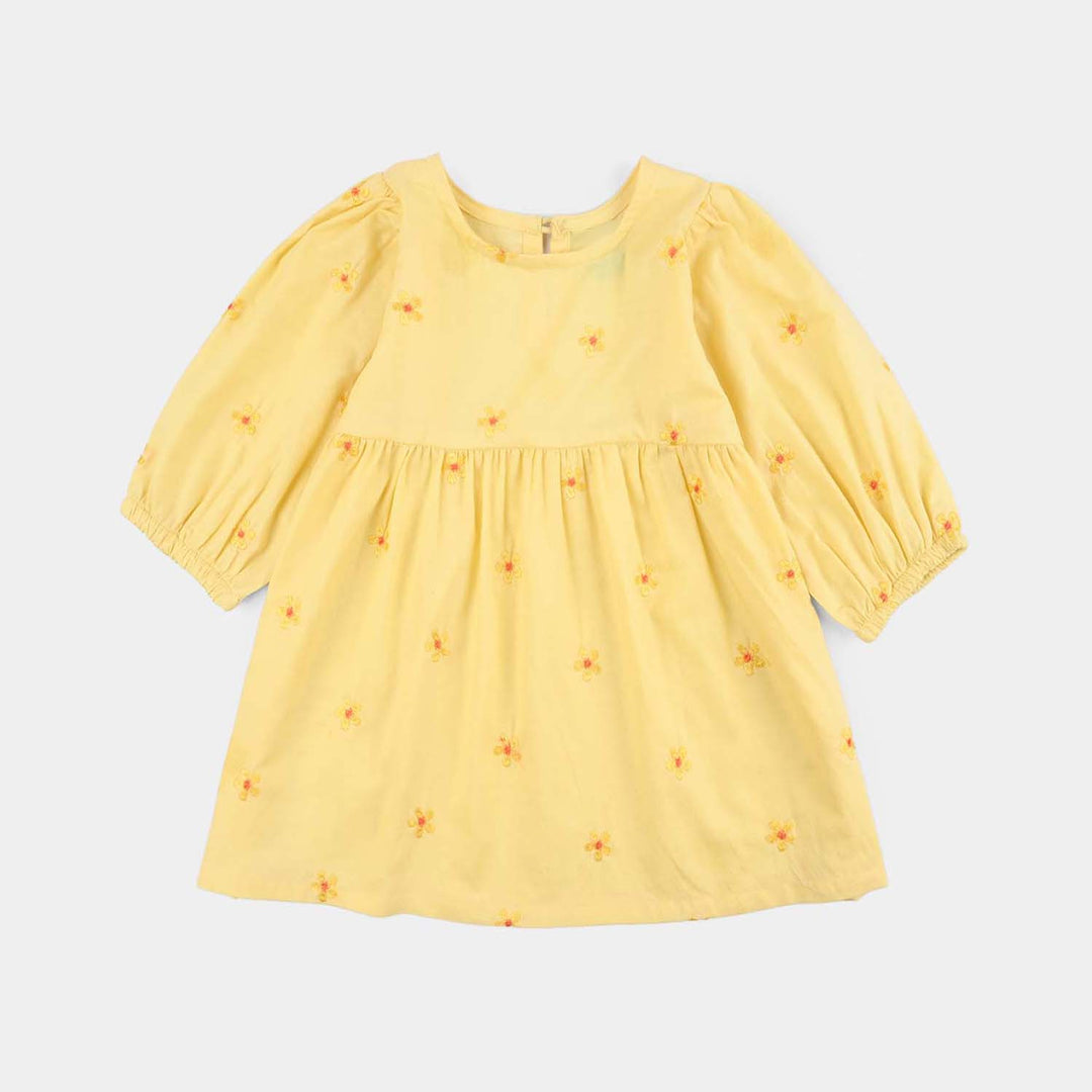 Girls Jacquard Embroidered Frock (Flowers) - Yellow