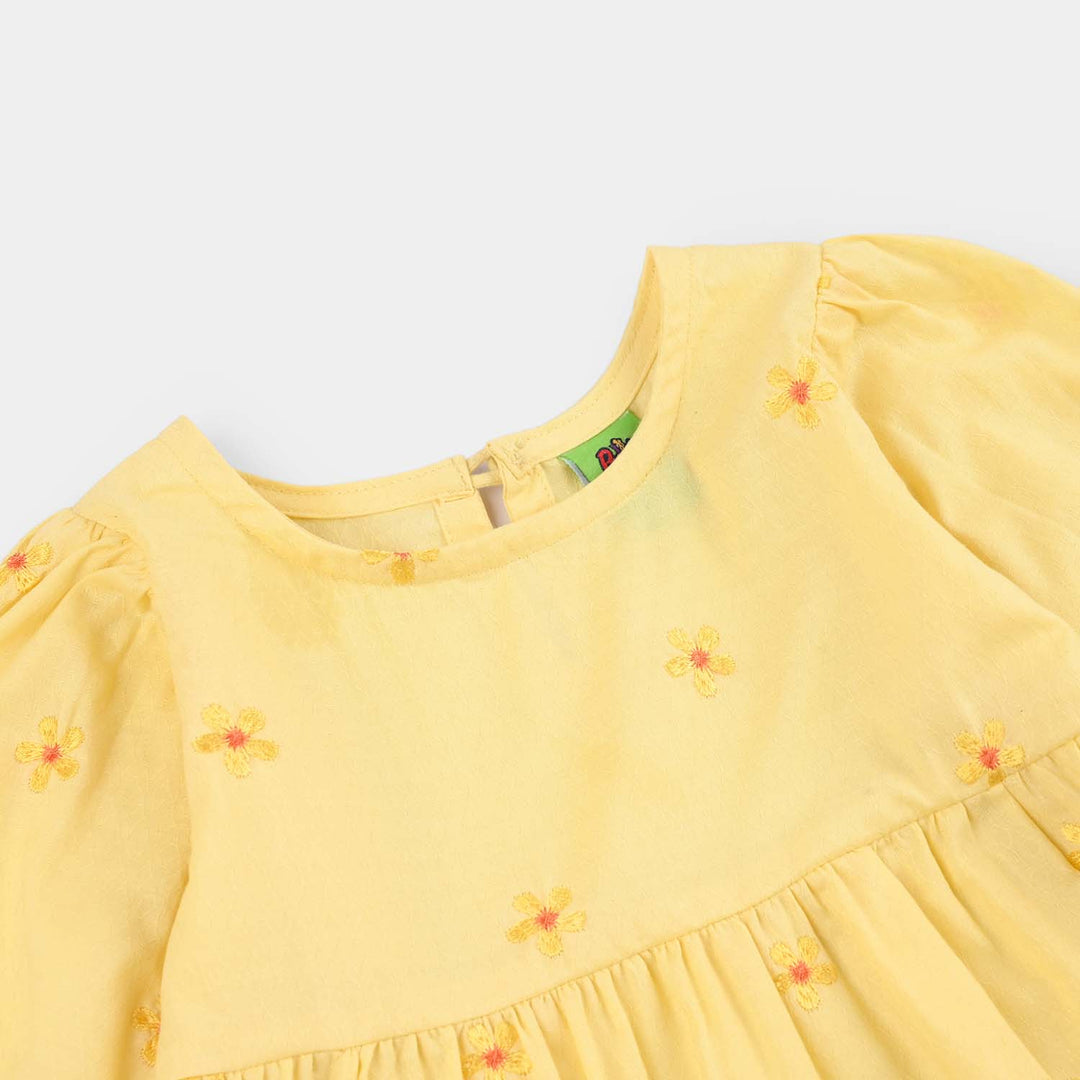 Infant Girls Jacquard Embroidered Frock - Yellow