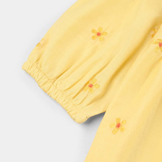 Infant Girls Jacquard Embroidered Frock - Yellow