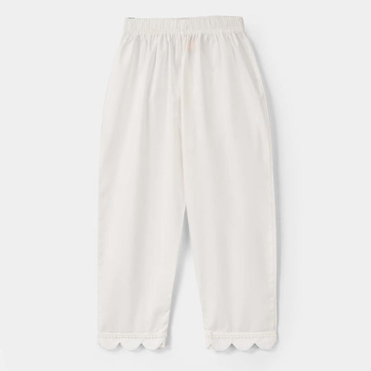 Girls Cotton Pants Scallops - White