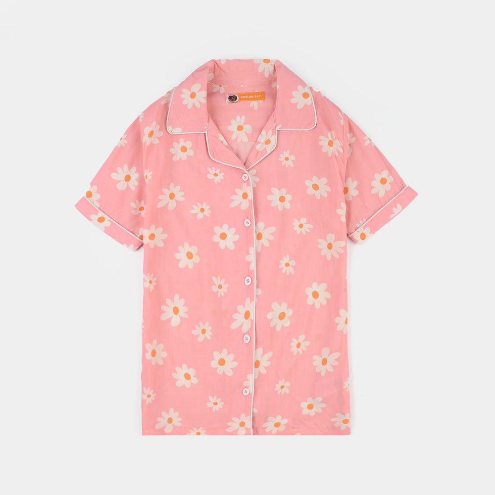 Girls Cotton Viscose Night Suit (Summer Vibes) - Pink