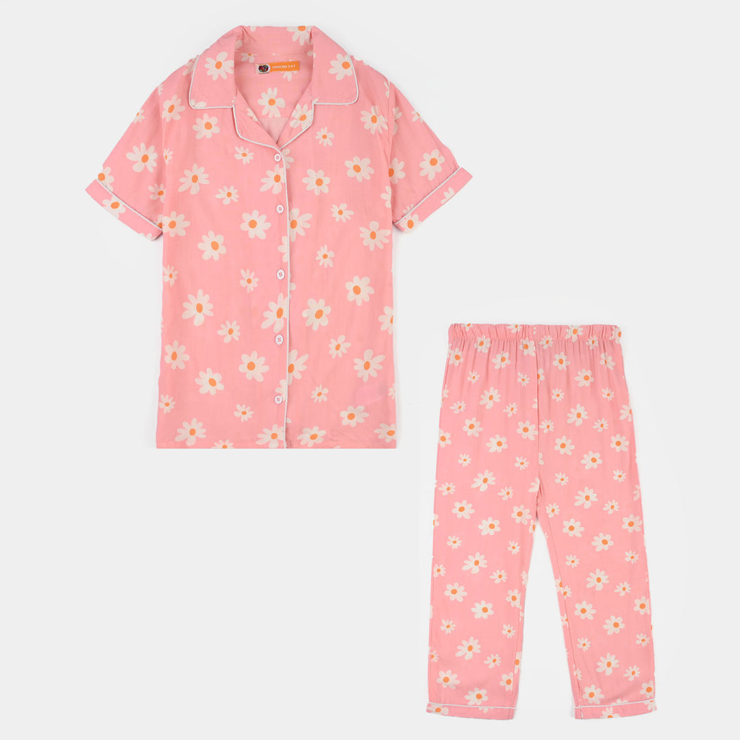 Girls Cotton Viscose Night Suit (Summer Vibes) - Pink