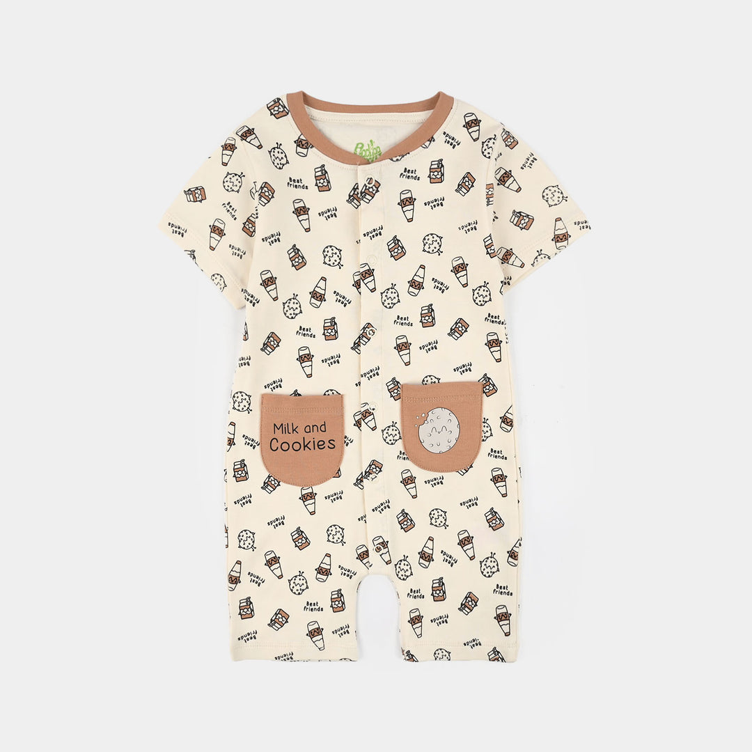 Infant Boys Cotton Interlock Knit Romper (Milk and Cookies) - Cream/Brown