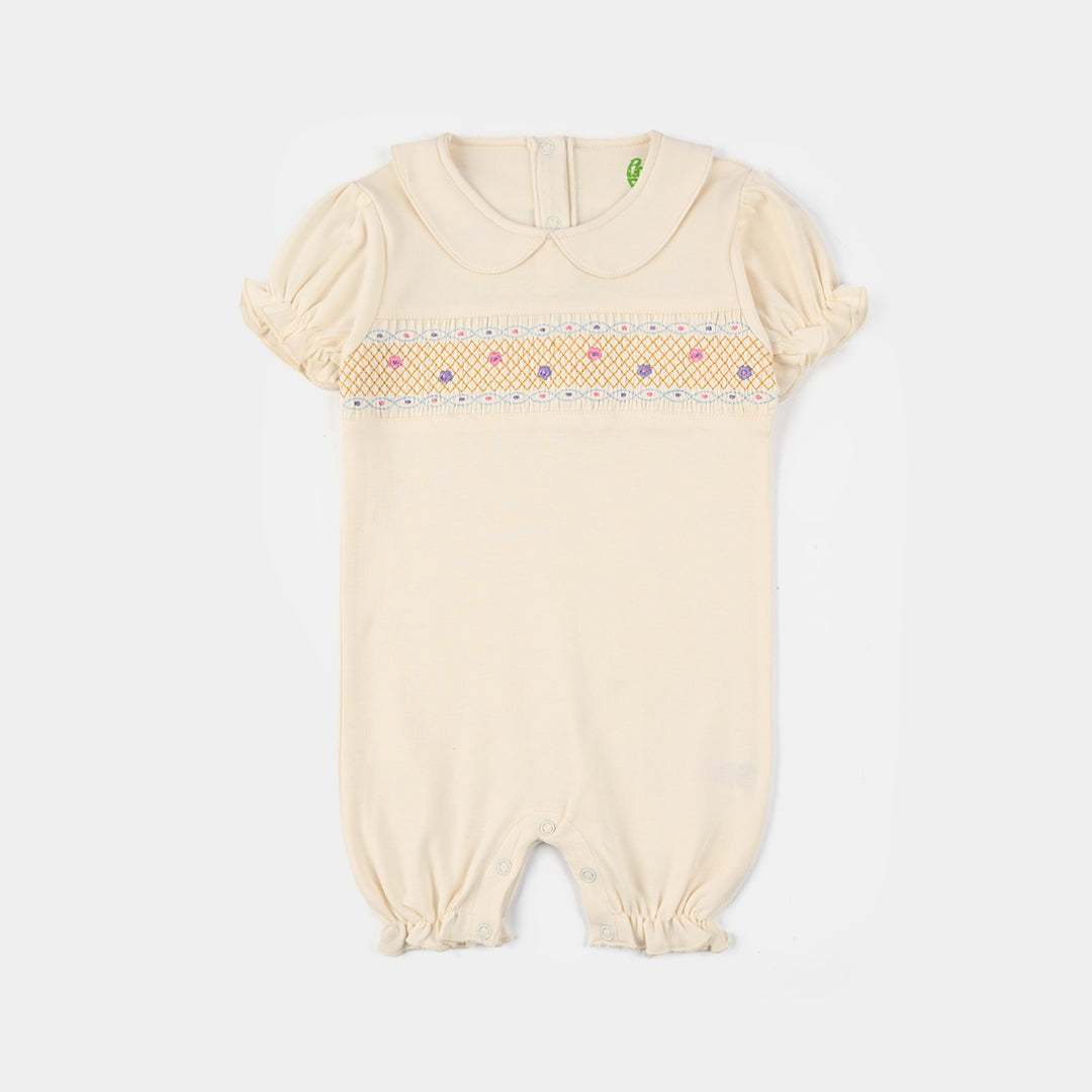 Infant Girls Cotton Interlock Knit Romper - Off White