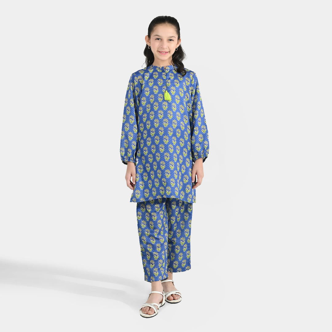 Teens Girls Jacquard Printed 2-Piece Set (Teal Flowers) - Blue