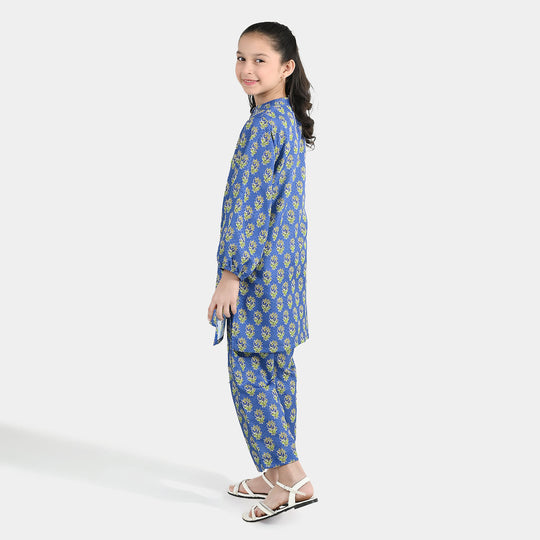 Teens Girls Jacquard Printed 2-Piece Set (Teal Flowers) - Blue