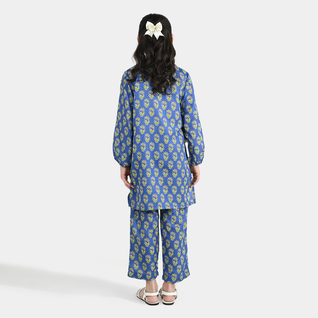 Teens Girls Jacquard Printed 2-Piece Set (Teal Flowers) - Blue
