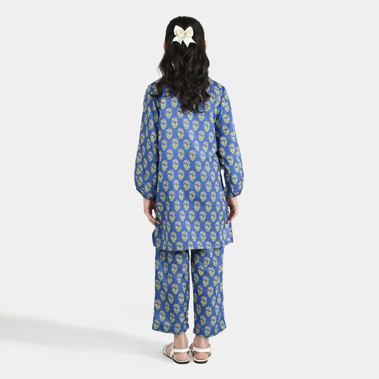 Teens Girls Jacquard Printed 2-Piece Set (Teal Flowers) - Blue