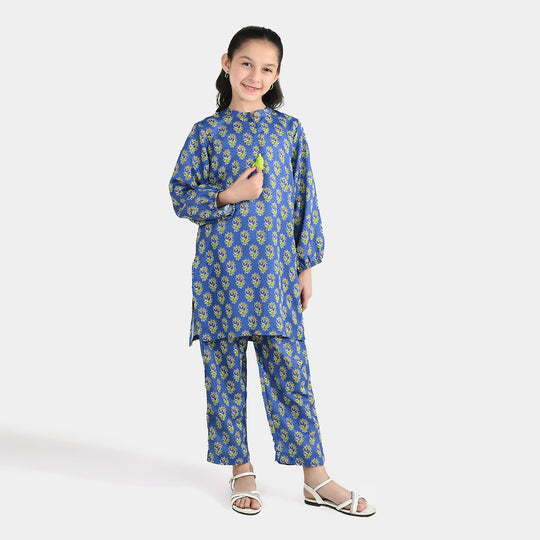 Teens Girls Jacquard Printed 2-Piece Set (Teal Flowers) - Blue