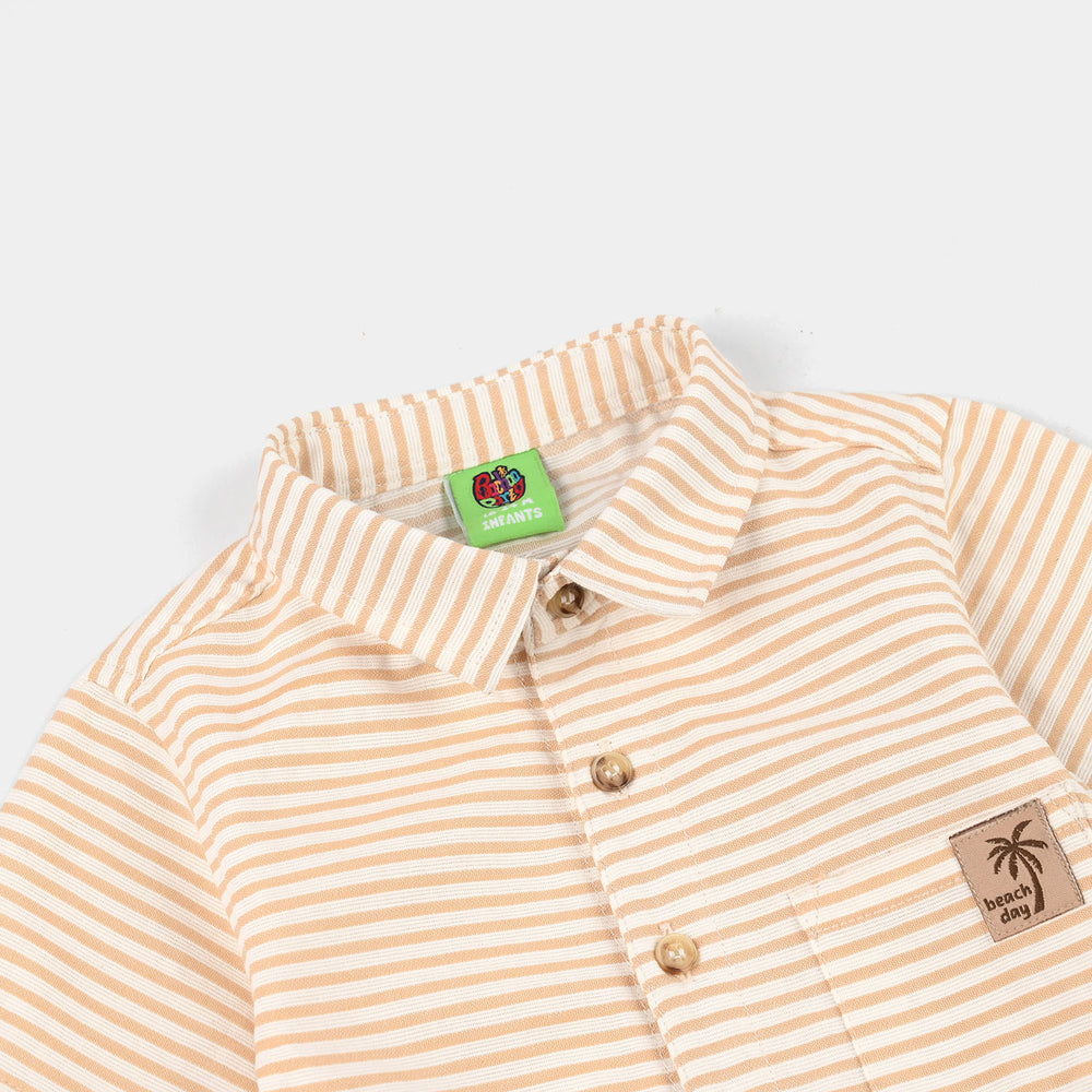 Infant Boys Yarn Dyed Woven Romper (Coco Stripe) - Beige/Off White