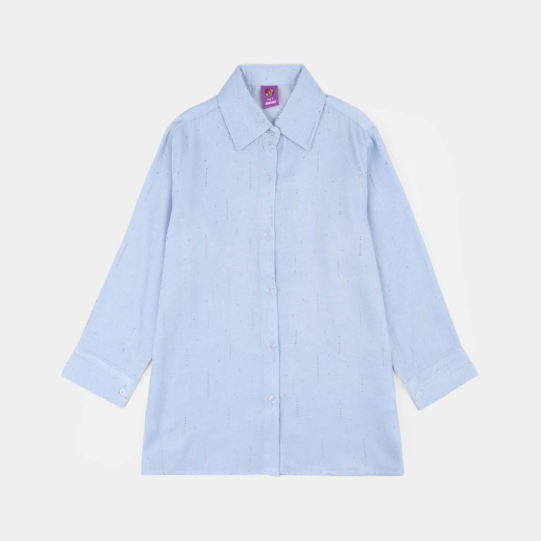 Girls Poly Crinkle Casual Top (Sky Studs) - Sky Blue
