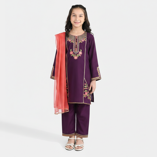 Girls Poly Cambric 3-Piece Set (Rang Saaz) - Purple