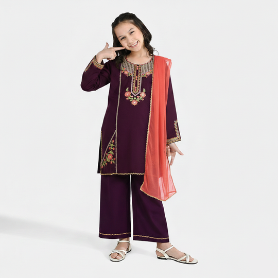 Girls Poly Cambric 3-Piece Set (Rang Saaz) - Purple