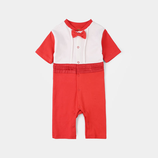 Infant Boys Cotton Interlock Romper (Red Bow) - Red