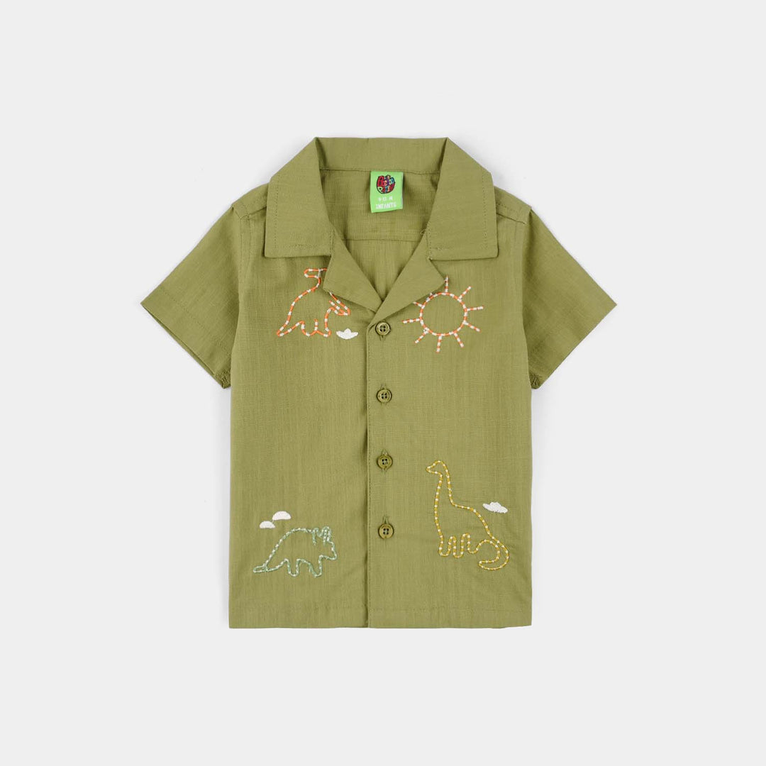 Infant Boys Casual Shirt (Sun And Dino) - Olive Green