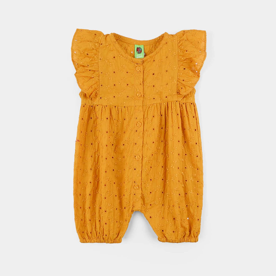 Infant Girls Chikankari Woven Romper (Soft Petal) - Mustard