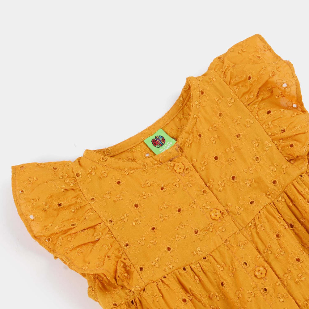 Infant Girls Chikankari Woven Romper (Soft Petal) - Mustard
