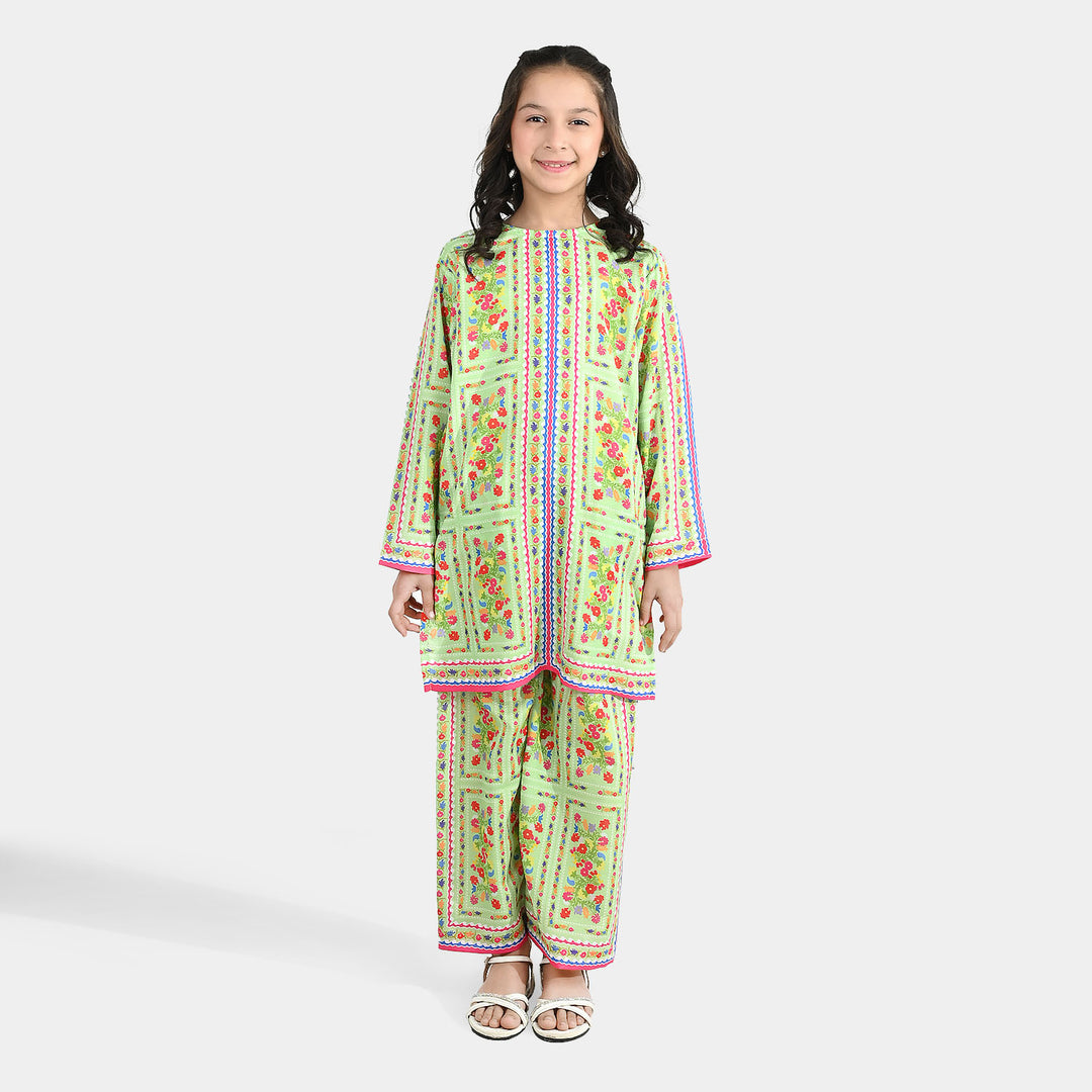 Girls Poly Lawn Printed 2-Piece Set (Rang Bhar) - Green
