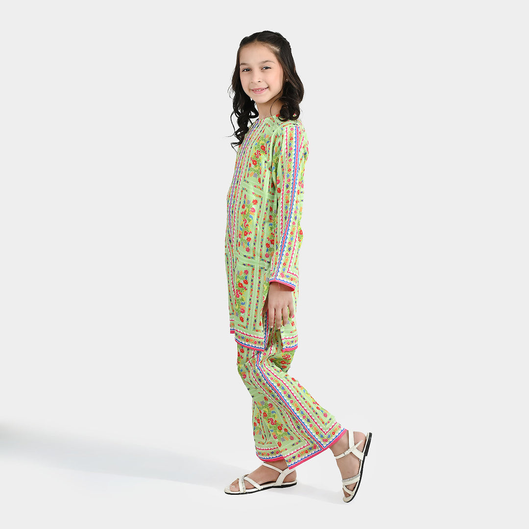 Girls Poly Lawn Printed 2-Piece Set (Rang Bhar) - Green