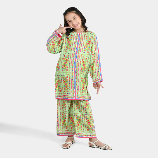 Girls Poly Lawn Printed 2-Piece Set (Rang Bhar) - Green