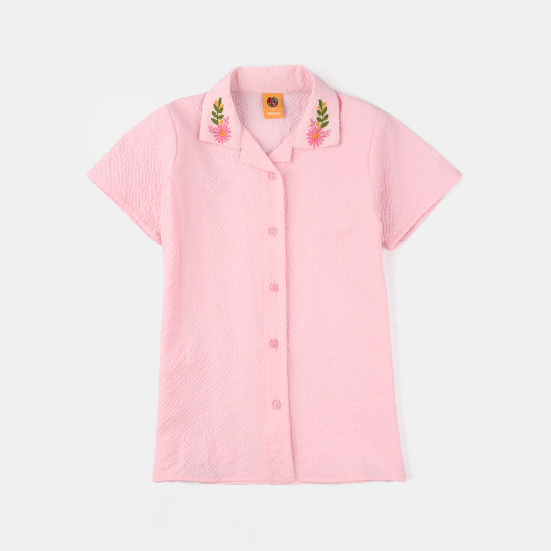 Girls Poly Crinkle Embroidered Co-Ord Set (Butterfly) - Light Pink