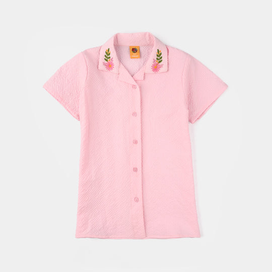 Girls Poly Crinkle Embroidered Co-Ord Set (Butterfly) - Light Pink