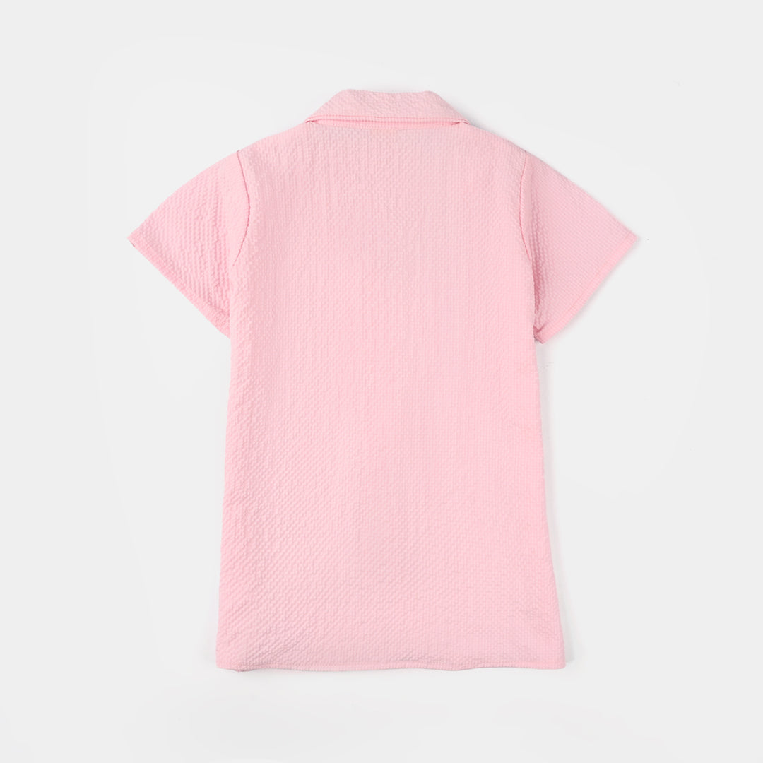 Girls Poly Crinkle Embroidered Co-Ord Set (Butterfly) - Light Pink