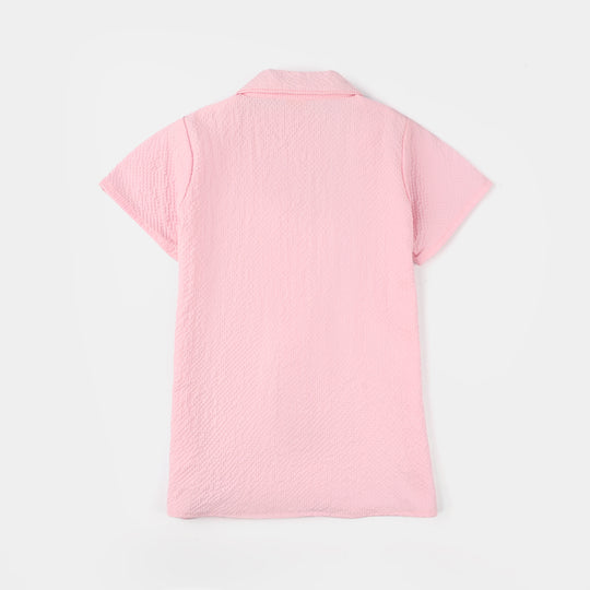 Girls Poly Crinkle Embroidered Co-Ord Set (Butterfly) - Light Pink