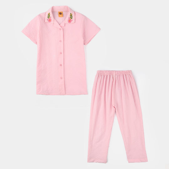 Girls Poly Crinkle Embroidered Co-Ord Set (Butterfly) - Light Pink