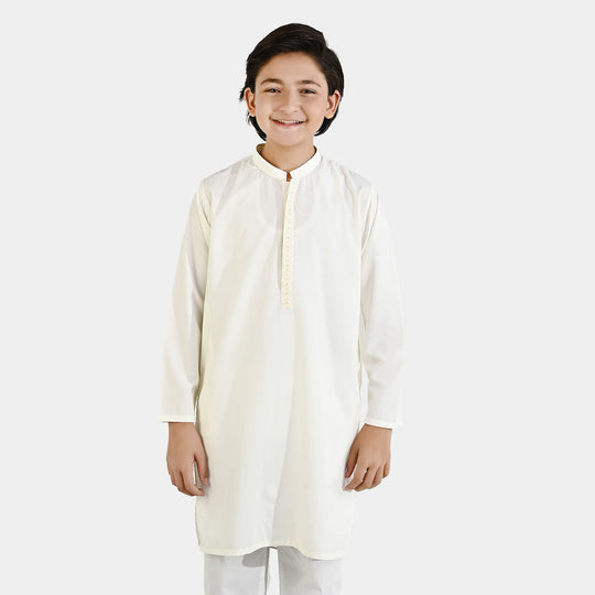 Boys Poly Viscose Embroidered Kurta (Lurex) - Cream