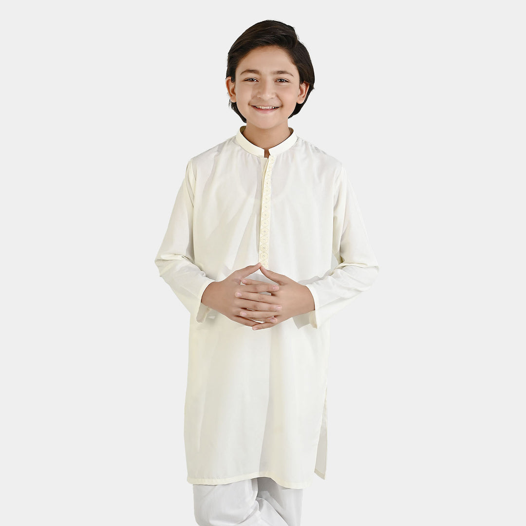 Boys Poly Viscose Embroidered Kurta (Lurex) - Cream