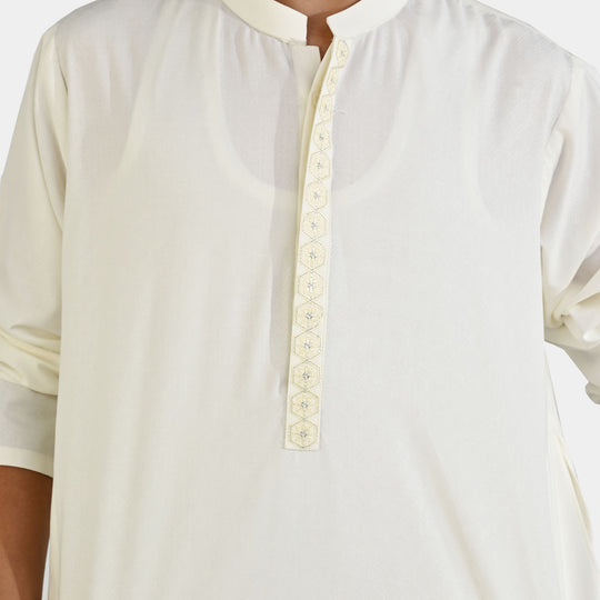 Boys Poly Viscose Embroidered Kurta (Lurex) - Cream