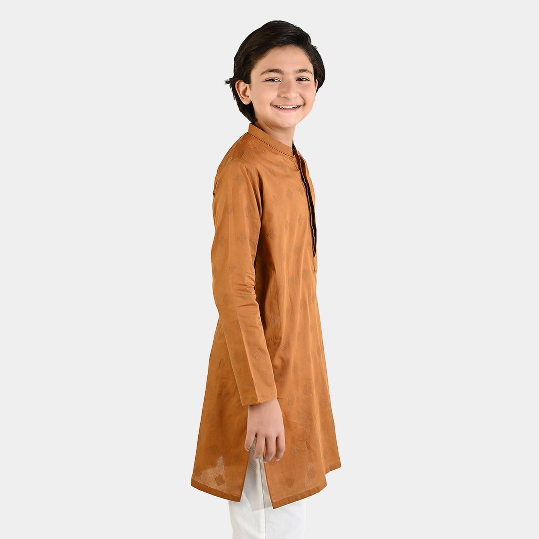 Boys Cotton Jacquard Printed Kurta (Tone on Tone) - Rust