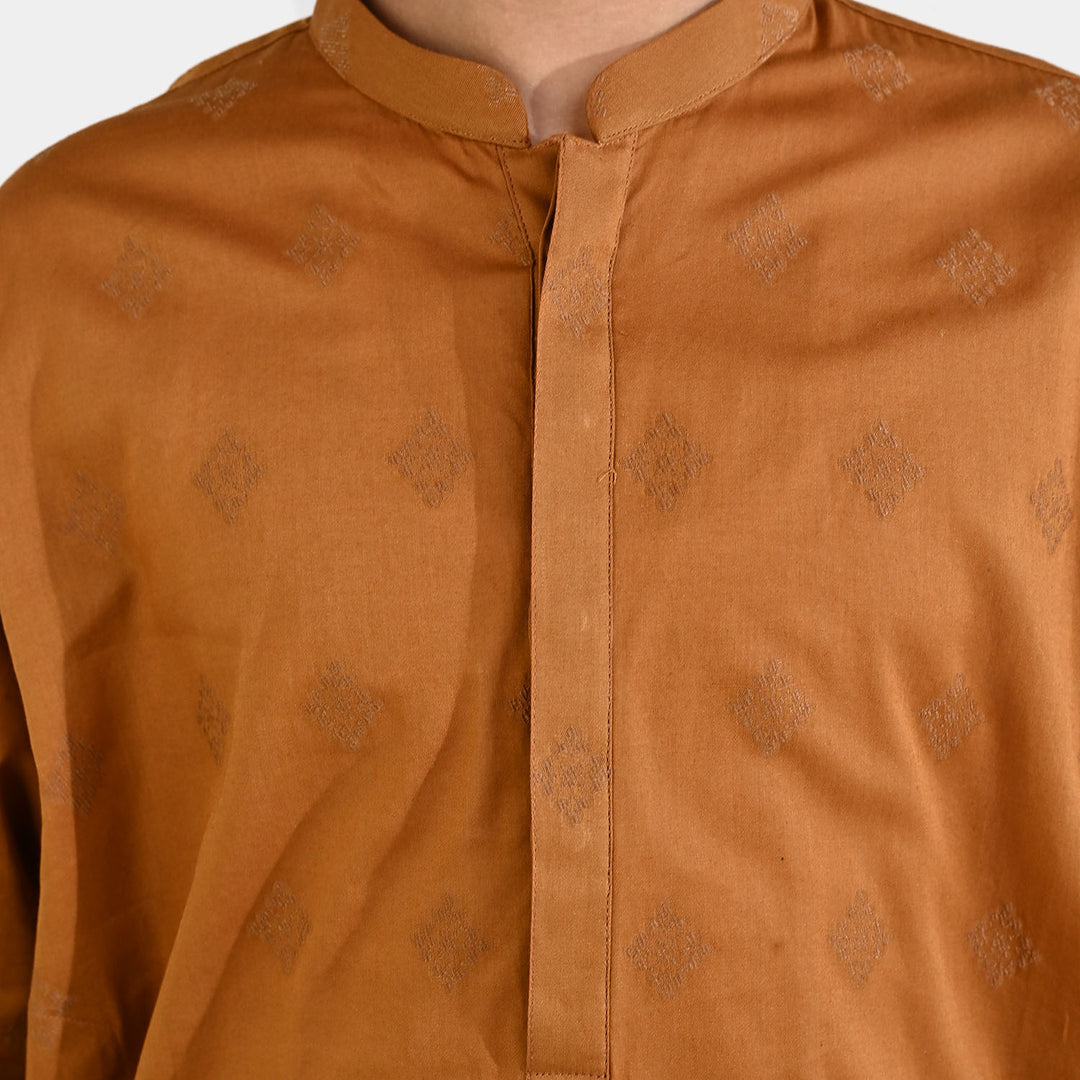 Boys Cotton Jacquard Printed Kurta (Tone on Tone) - Rust