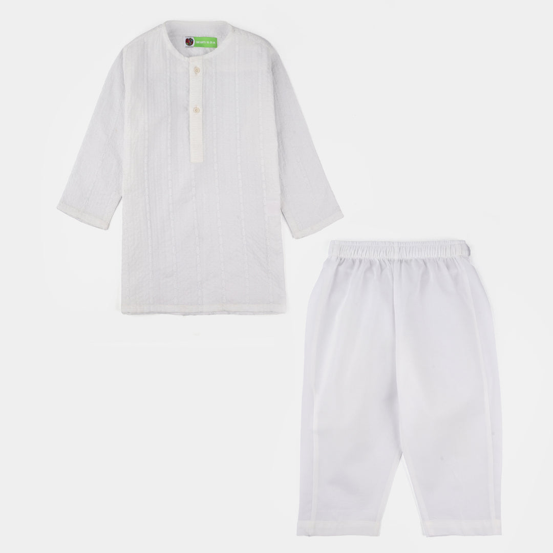 Infant Boys Cotton Kurta Pajama (Chikankari) - White