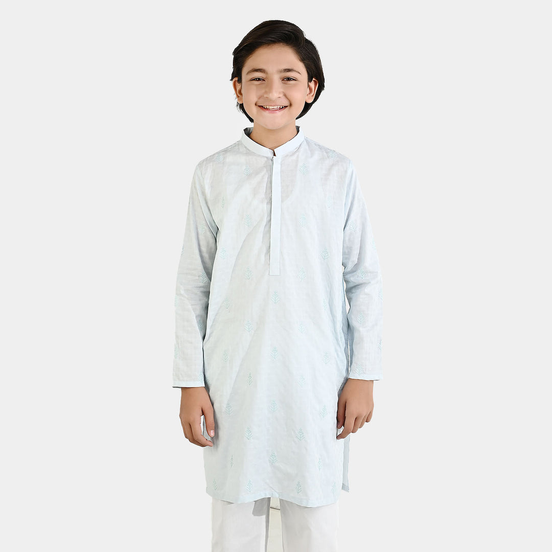 Boys Cotton Jacquard Embroidered Kurta (Breeze) - Light Blue