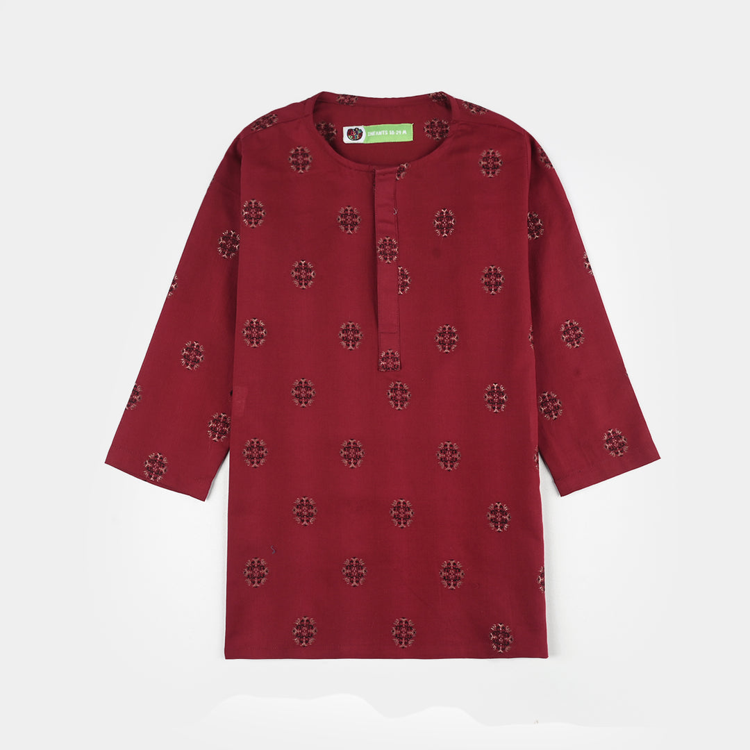 Infant Boys Cotton Jacquard Printed Kurta - Red