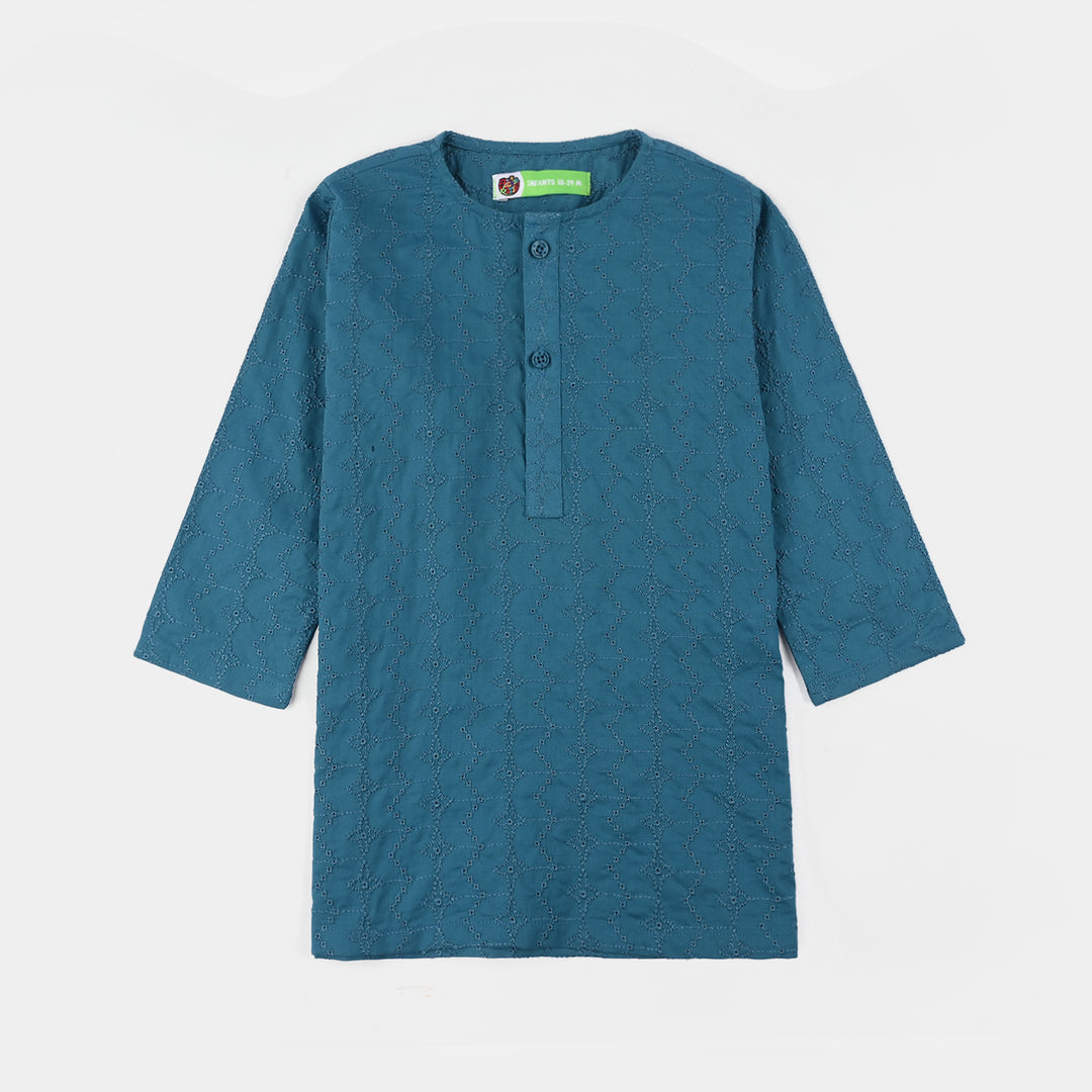 Infant Boys Cotton Chikankari Poplin Kurta - Teal Blue