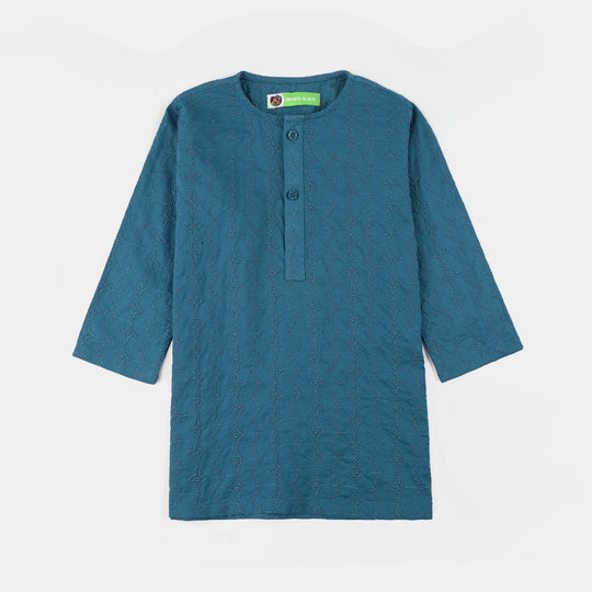 Infant Boys Cotton Chikankari Poplin Kurta - Teal Blue
