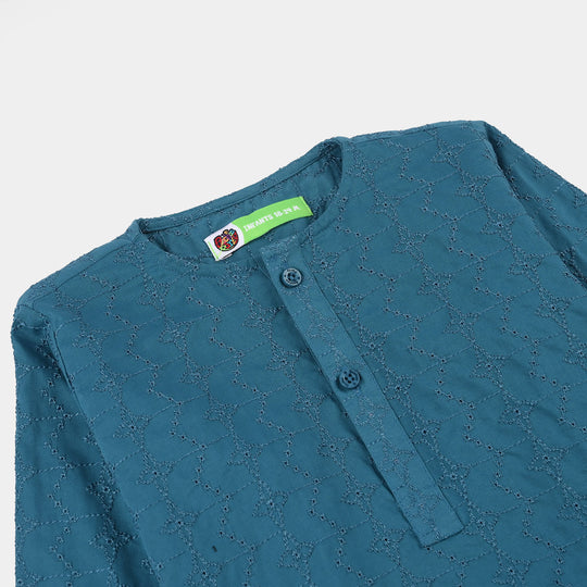 Infant Boys Cotton Chikankari Poplin Kurta - Teal Blue