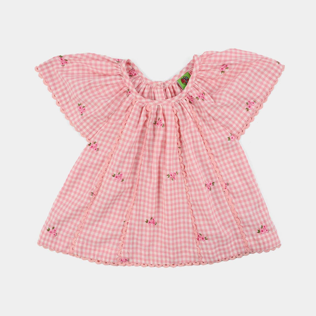 Infant Girls Cotton Embroidered Top Pink Checks - Pink