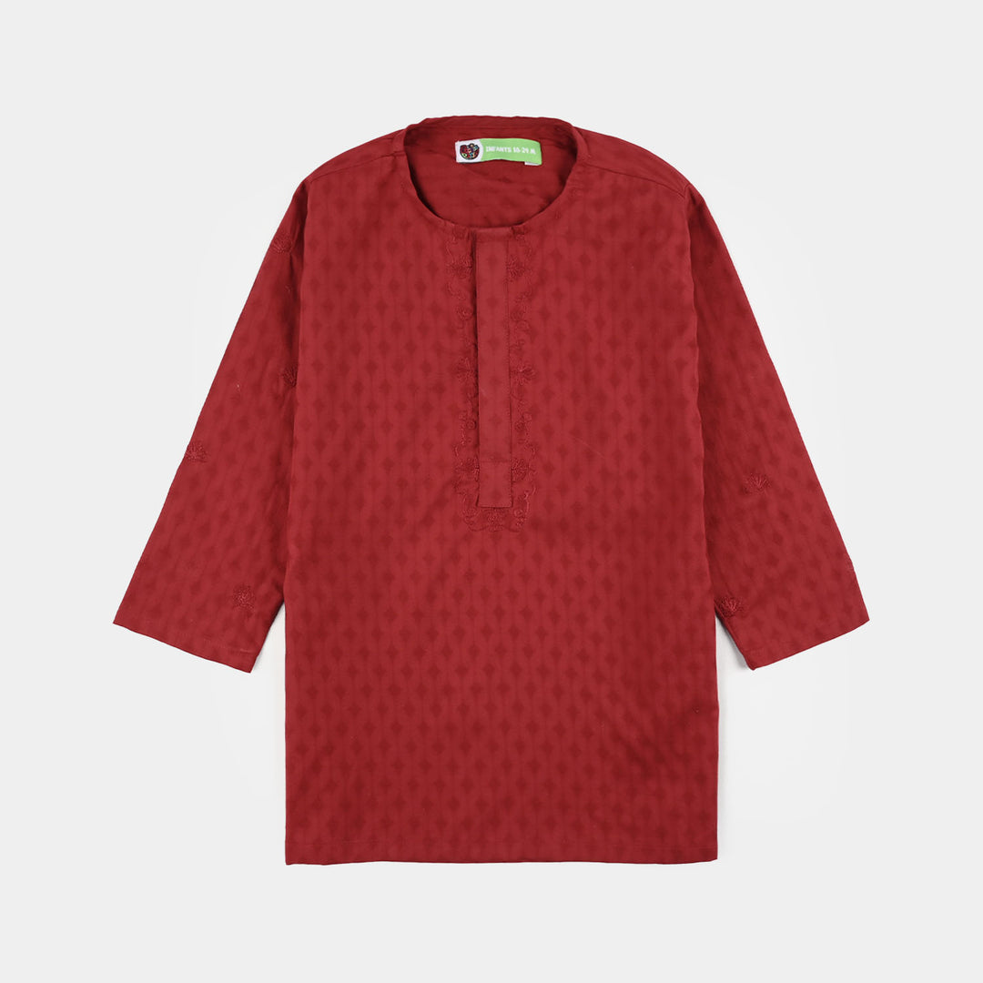 Infant Boys Cotton Jacquard Kurta Pajama (Chin Boti) - Red