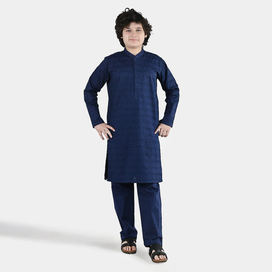 Boys Cotton Poplin Kurta Pajama (Chikankari) - Blue