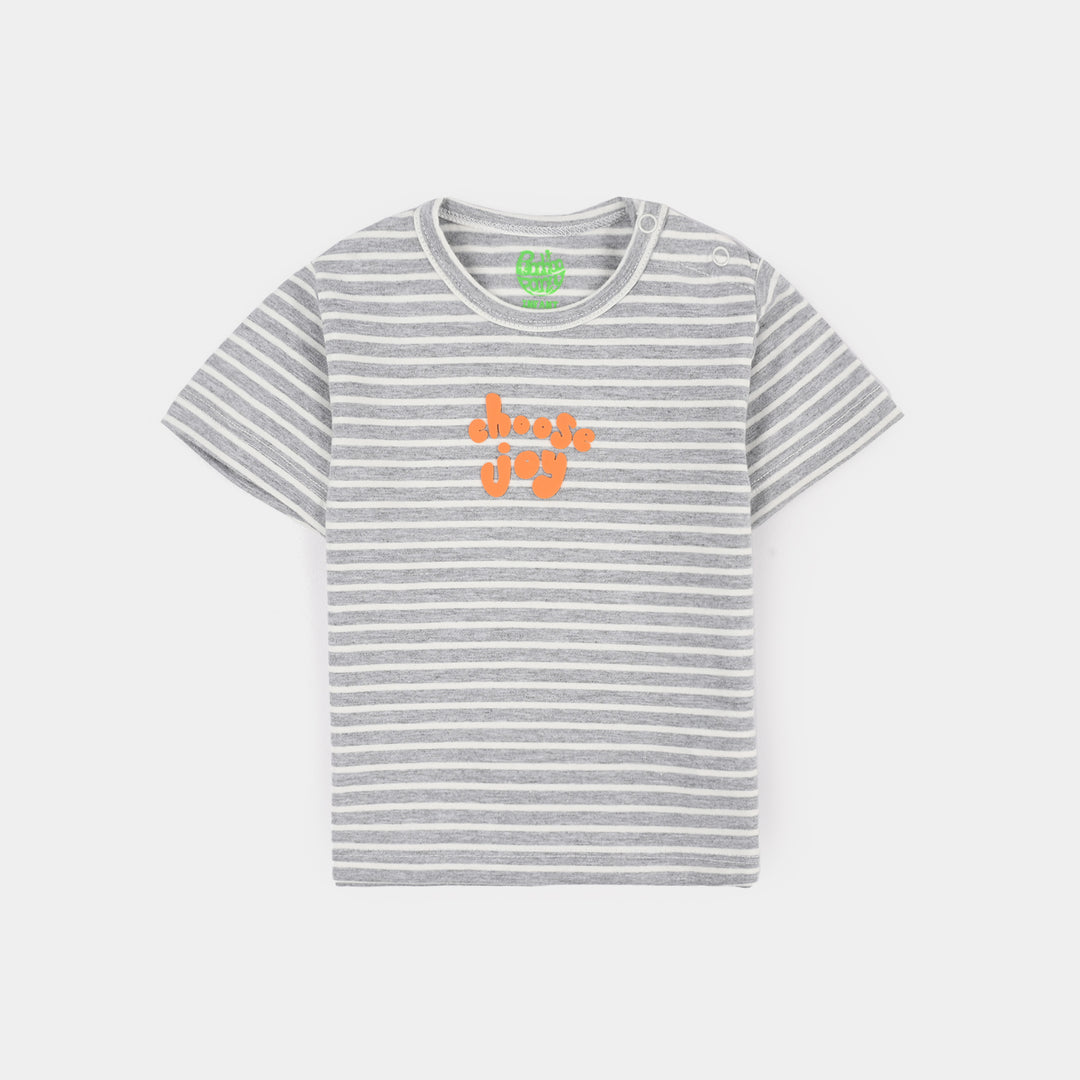 Infant Boys Striped Jersey T-Shirt – Grey & White with Orange Print