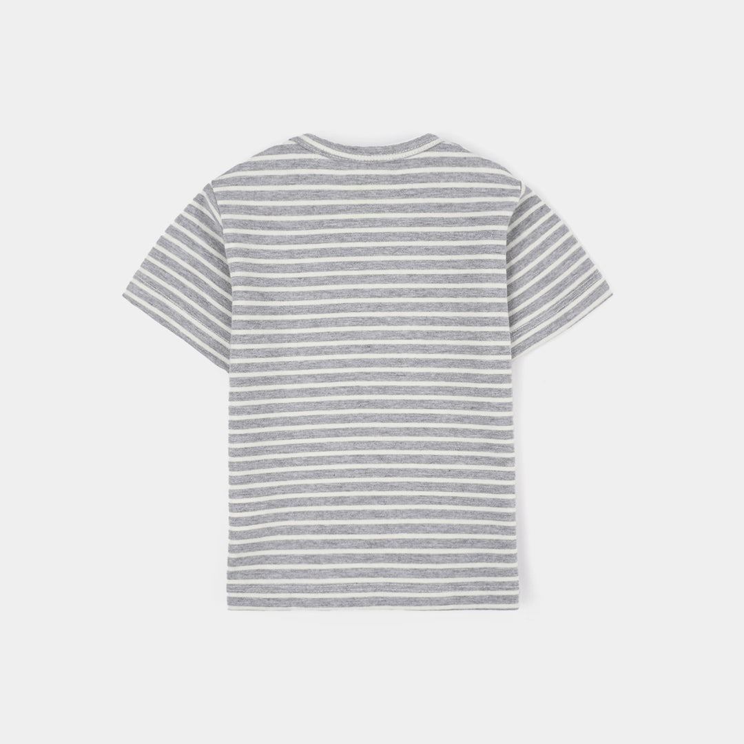 Infant Boys Striped Jersey T-Shirt – Grey & White with Orange Print