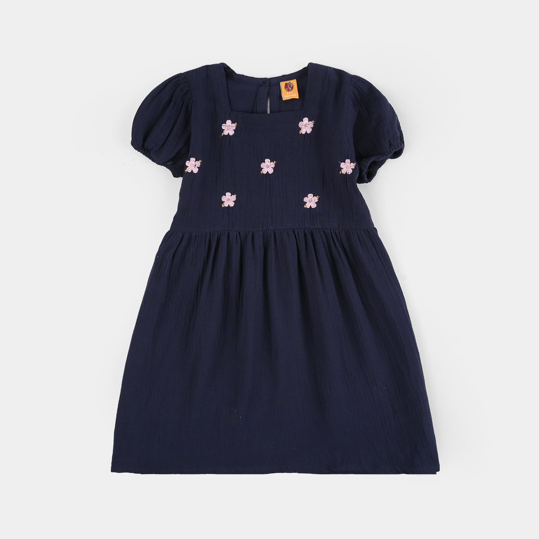 Girls Gauze Emb Frock Flowy-Navy Blue
