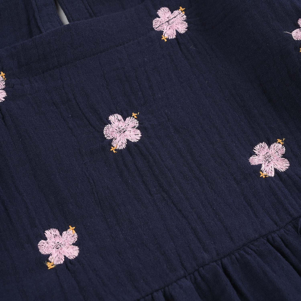 Girls Gauze Emb Frock Flowy-Navy Blue