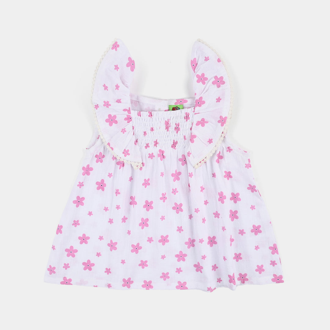 Infant Girls Cotton Casual Frock Pink Flower - WHITE